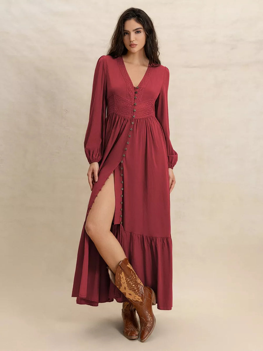 Burgundy plus-size maxi dress with balloon sleeves, V-neck, button front, and high slit.