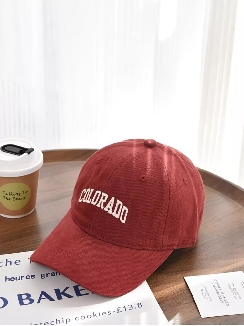 Burgundy cotton baseball cap with embroidered COLORADO text