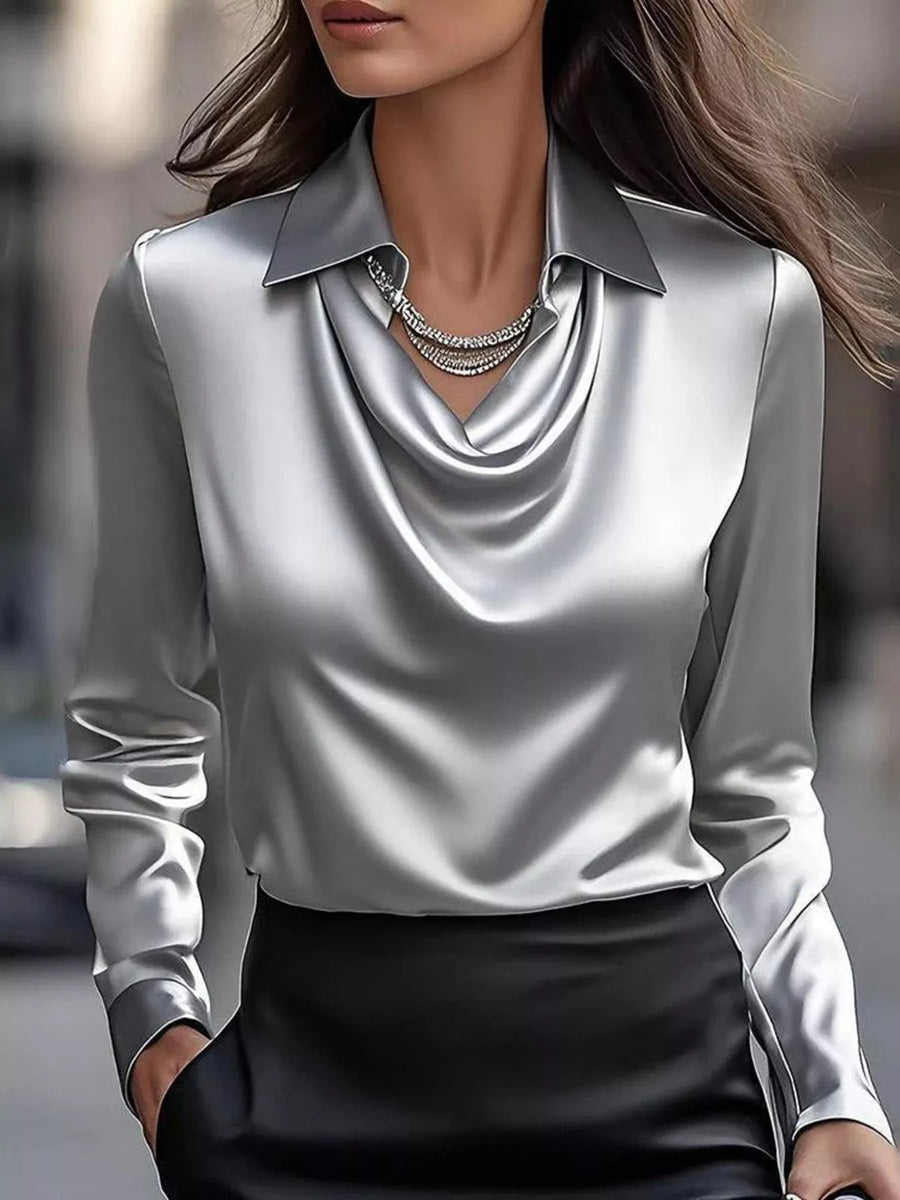 Gray satin cowl neck long-sleeve blouse with a draped neckline and collar.