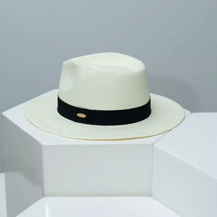 Women's ivory white boater sun hat with black band and gold detail