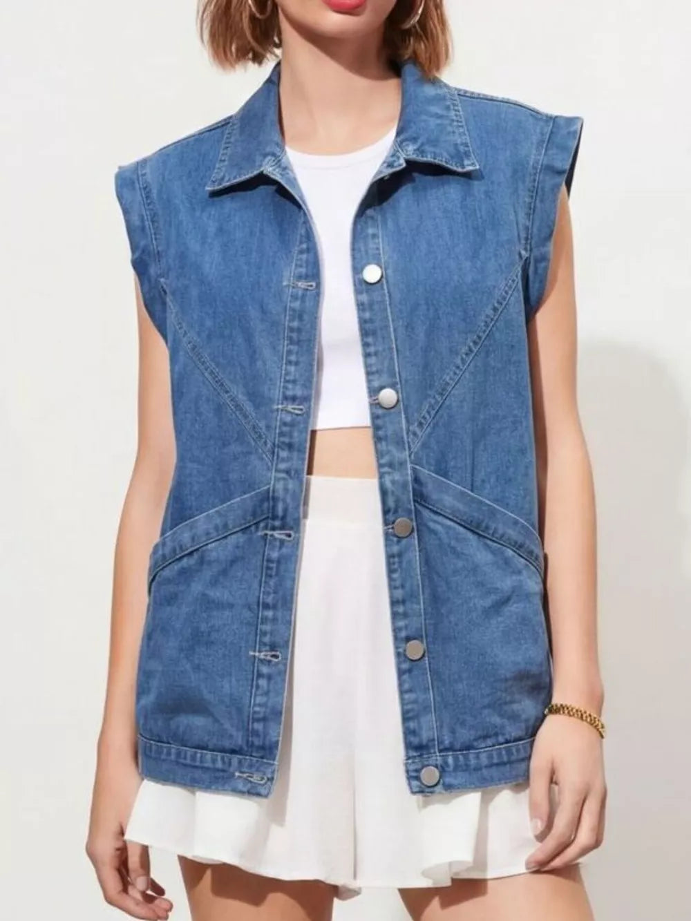 vest in medium blue featuring collared and regular fit