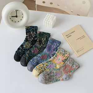 socks in Black with floral and jacquard knit