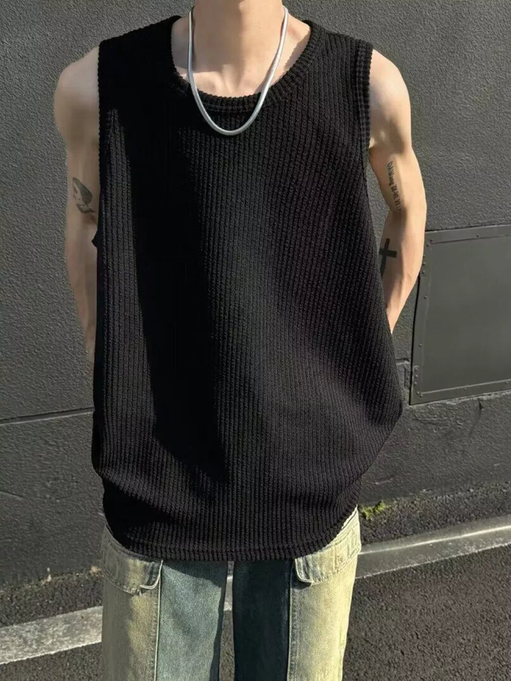 Black Men's Plus Size Textured Knit Sleeveless Tank Top