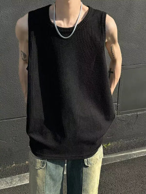 Black Men's Plus Size Textured Knit Sleeveless Tank Top