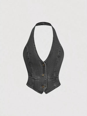 Halter Neck Denim Vest And Wide-leg Jeans Set option 13