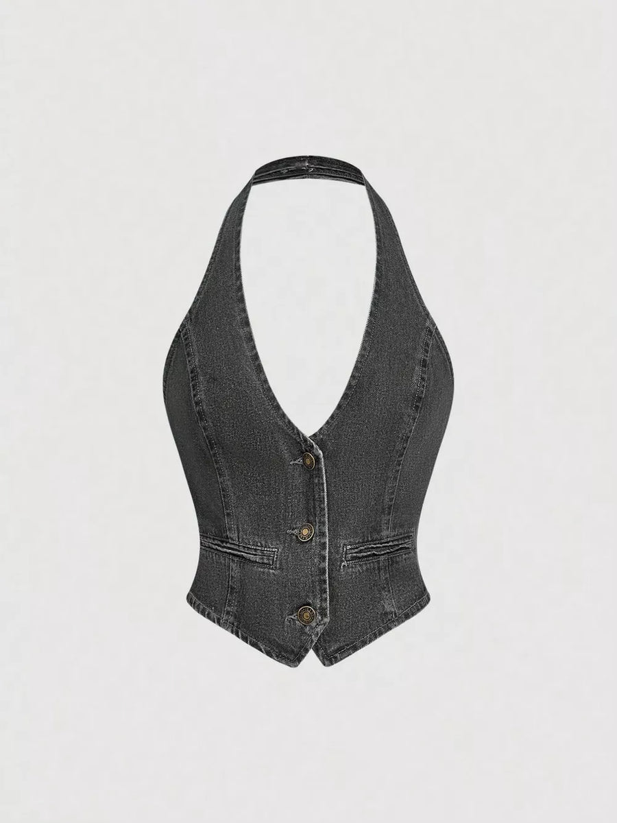 Halter Neck Denim Vest And Wide-leg Jeans Set option 13