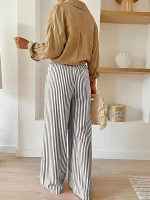 wide-leg pants featuring striped in Khaki with 100% polyester Care instructions: Machine wash cold texture