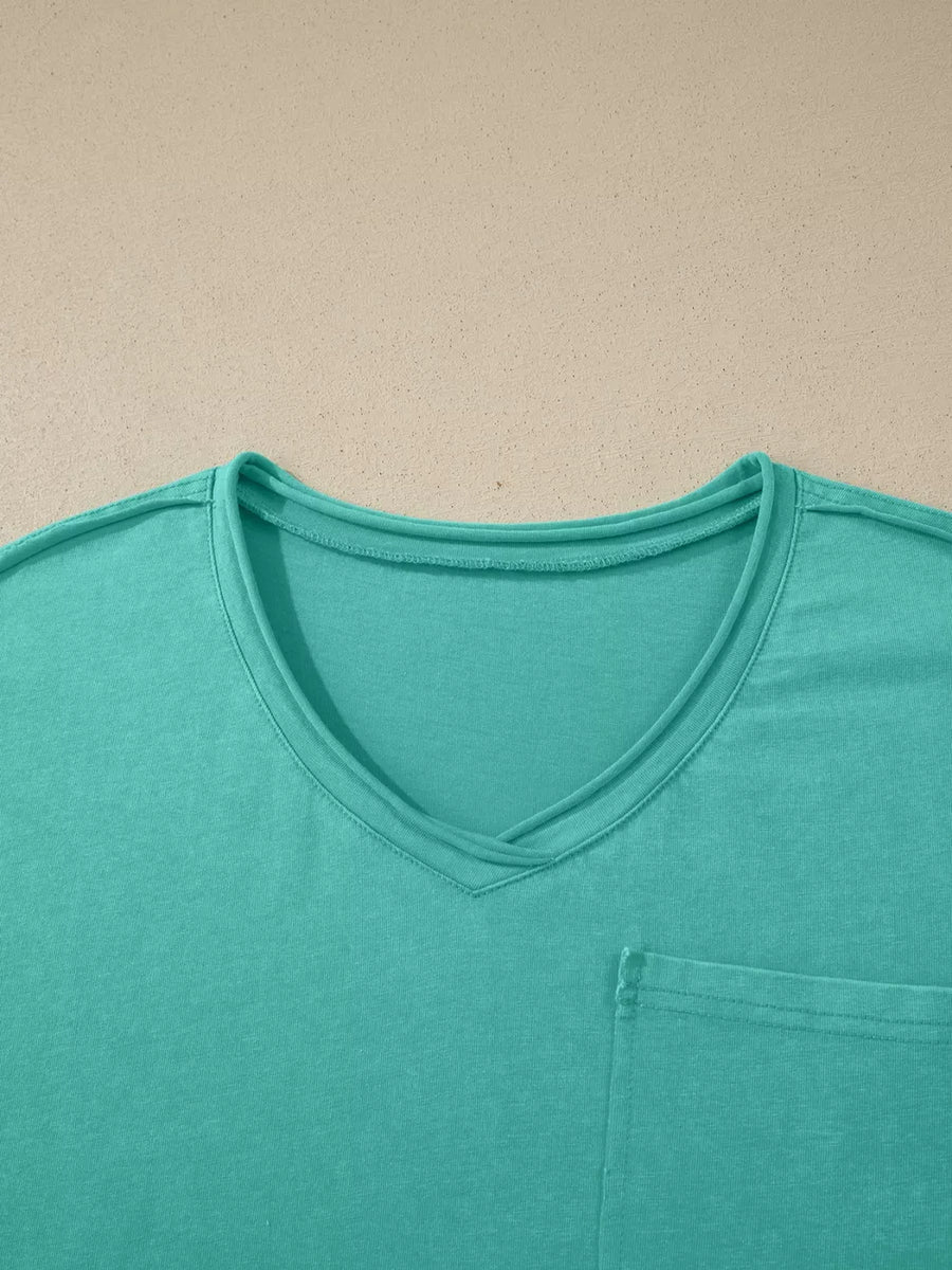 Teal mineral wash cotton v-neck tee with a chest pocket.