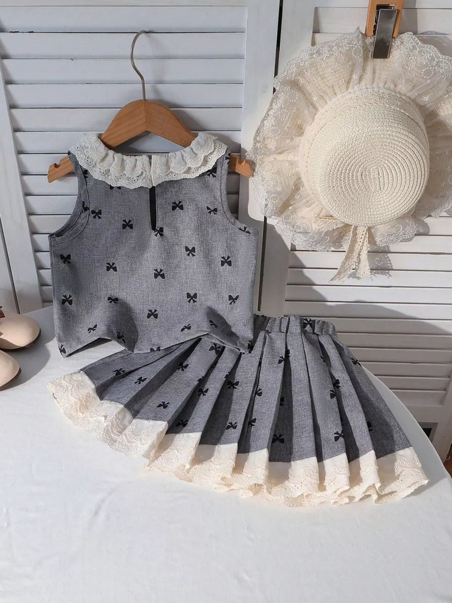 Children's Bow Print Lace Trimmed Top And Skirt Set option 5