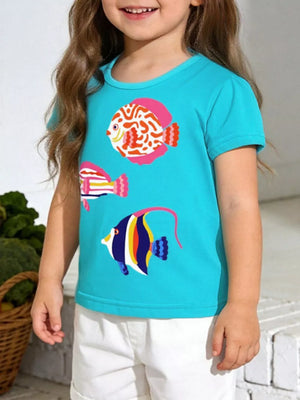 Baby girls turquoise cotton t-shirt with playful fish print