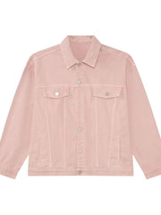 Blush pink denim trucker jacket with button front and chest pockets.