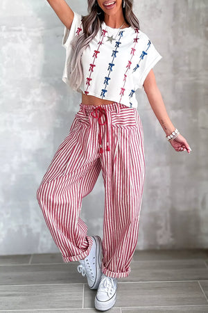 Light Blue wide-leg pants with full-length and drawstring
