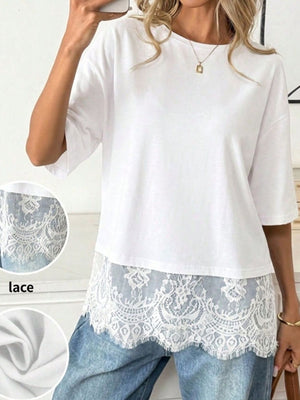 t-shirt featuring lace in White with 65% viscose, 30% polyester, 5% elastane Care instructions: Machine wash cold texture