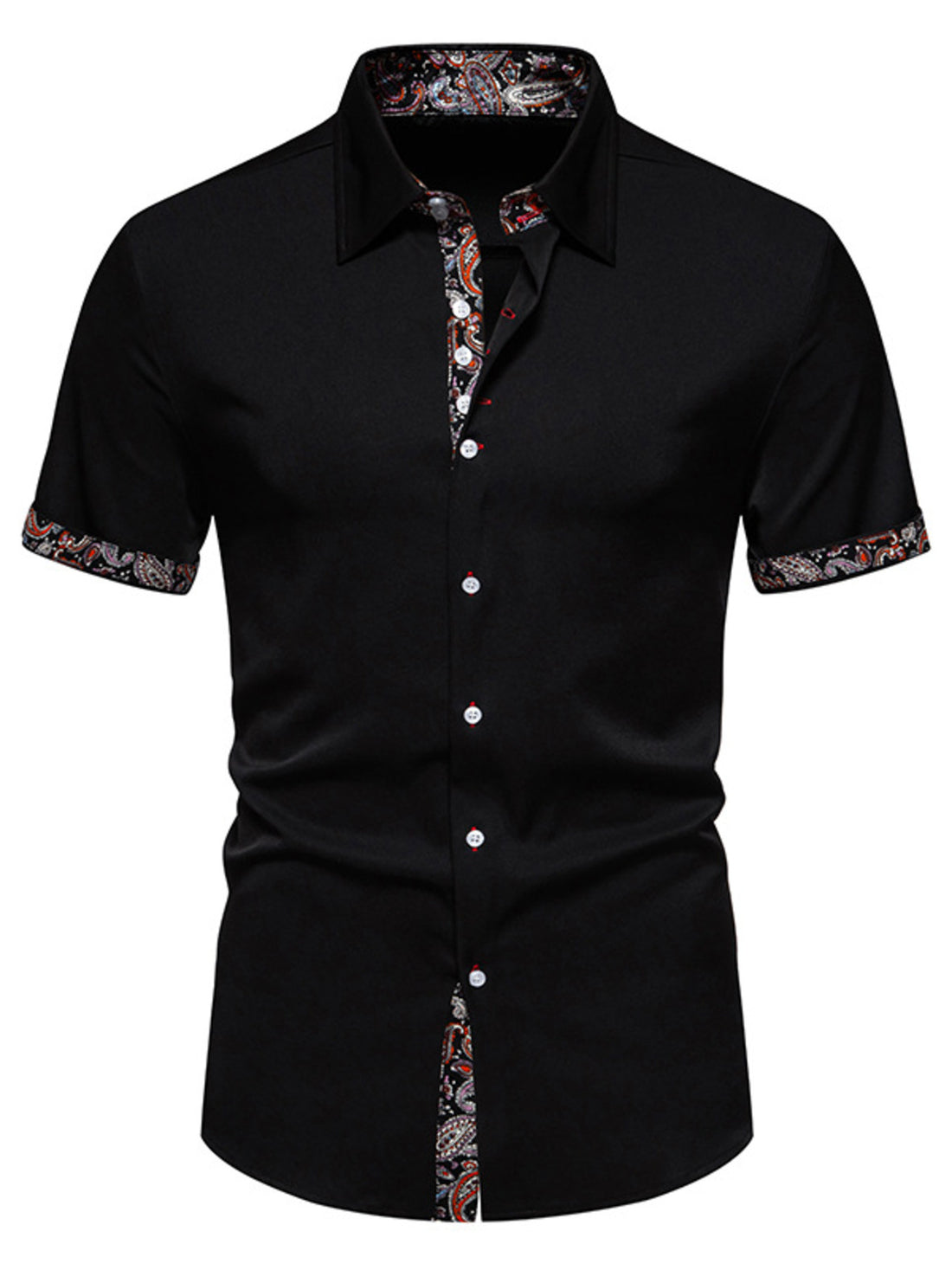 Black short sleeve buttoned shirt with paisley trim on collar, cuffs, and placket.