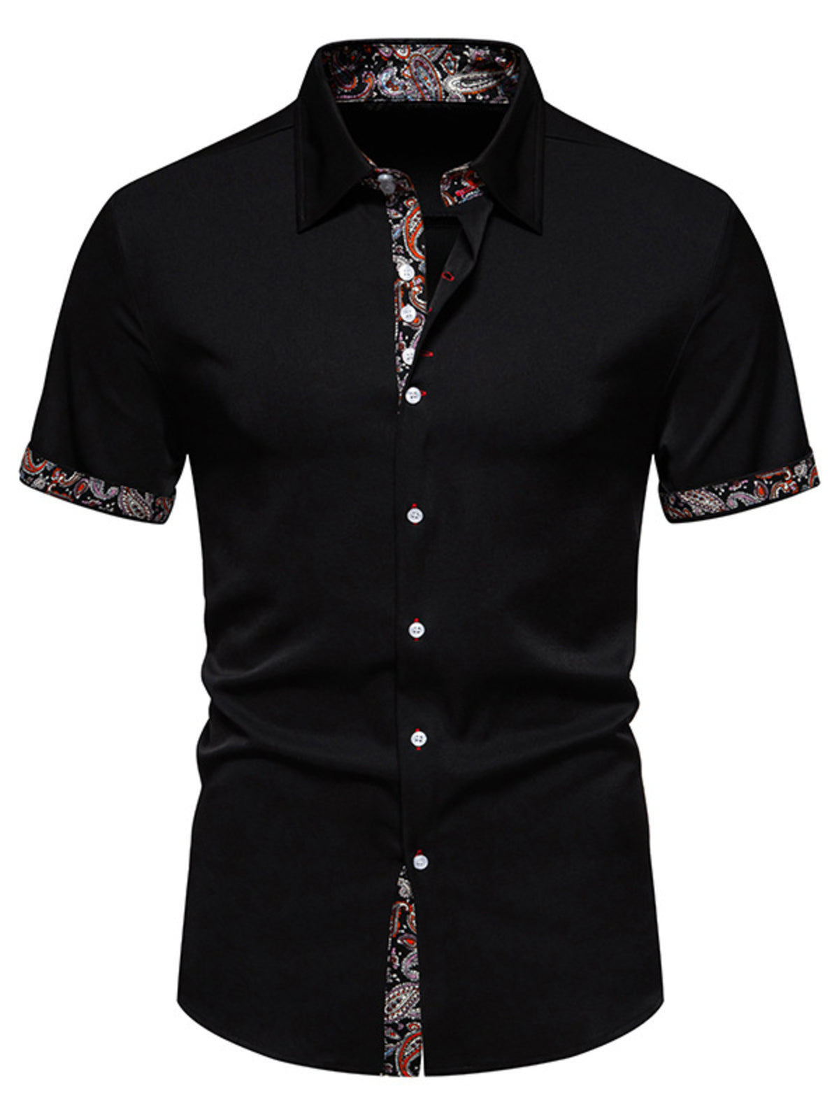 Black short sleeve buttoned shirt with paisley trim on collar, cuffs, and placket.