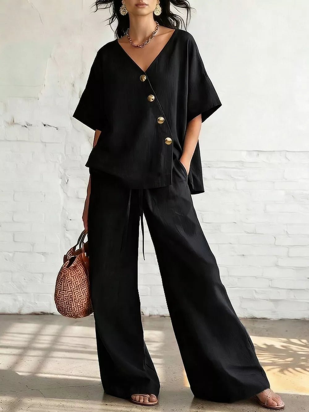 Full Size Surplice Half Sleeve Top And Wide-leg Pants Set in Black