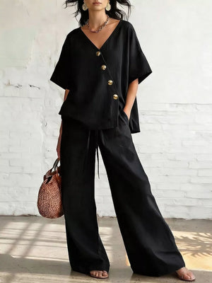 Full Size Surplice Half Sleeve Top And Wide-leg Pants Set in Black