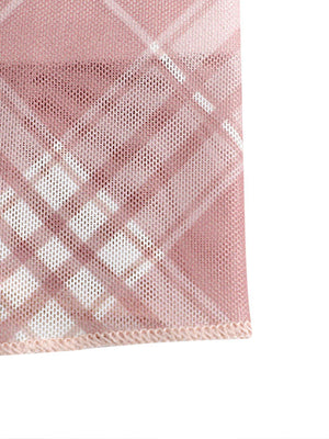 Plaid ruffle trim tank top in pink mesh with a decorative hem.