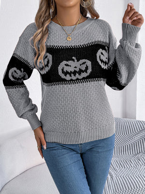 pullover sweater featuring pumpkin in Gray with 100% polyester Care instructions: Machine wash cold texture