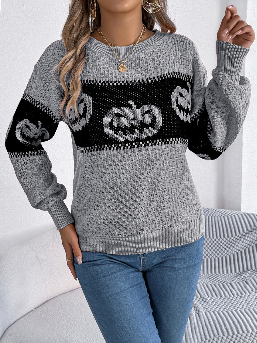 pullover sweater featuring pumpkin in Gray with 100% polyester Care instructions: Machine wash cold texture