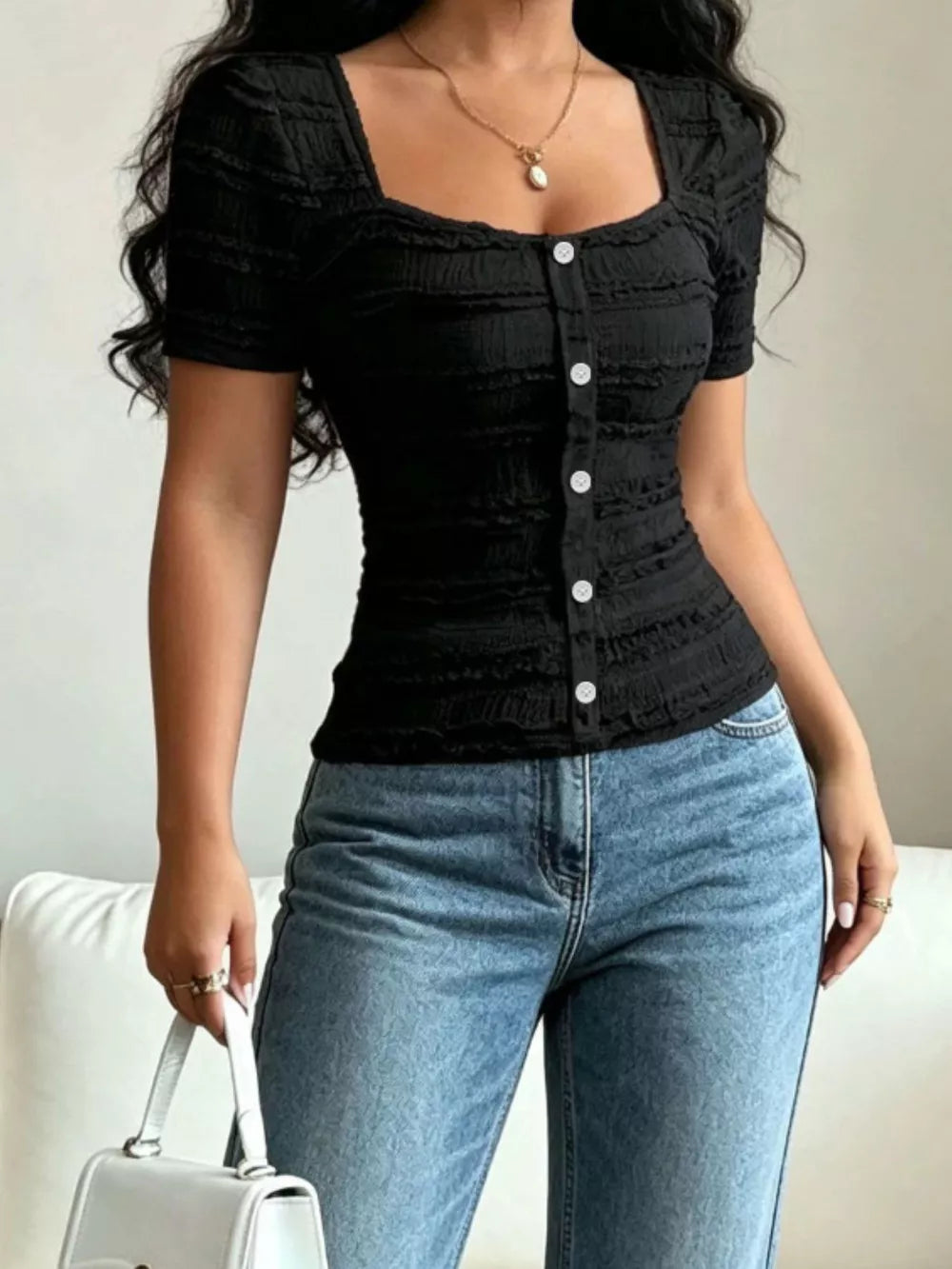 Sky Blue blouse with hip-length and button-front