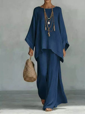 Light Blue Full Size Round Neck Top And Wide Leg Pants Set