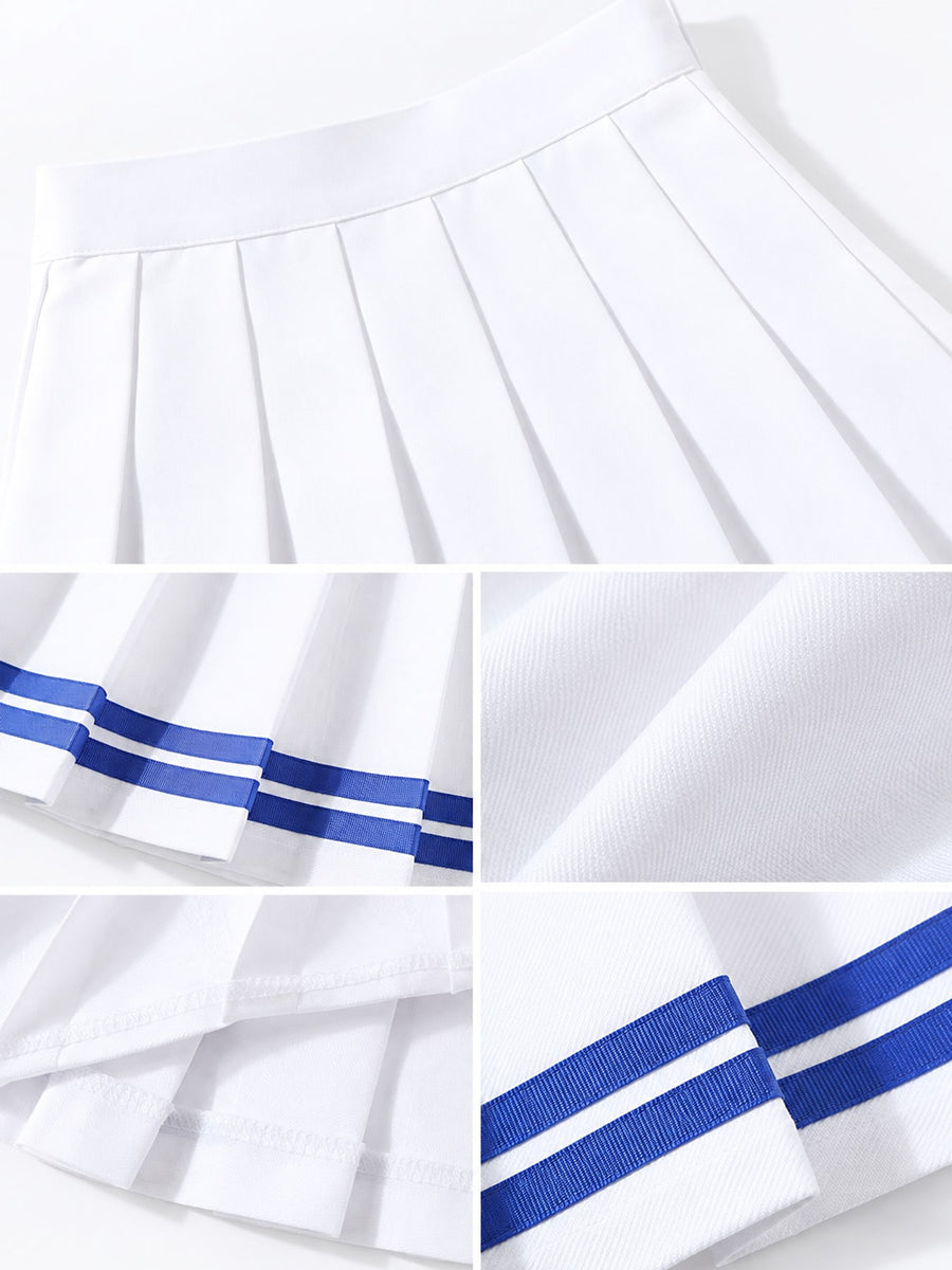 navy blue pleated skirt with side-zip and striped