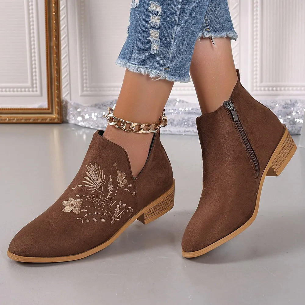 Brown suede ankle boots with side zip and floral embroidery