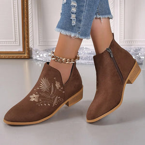 Brown suede ankle boots with side zip and floral embroidery