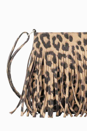 Leopard print crossbody bag with fringe detail and a thin strap.