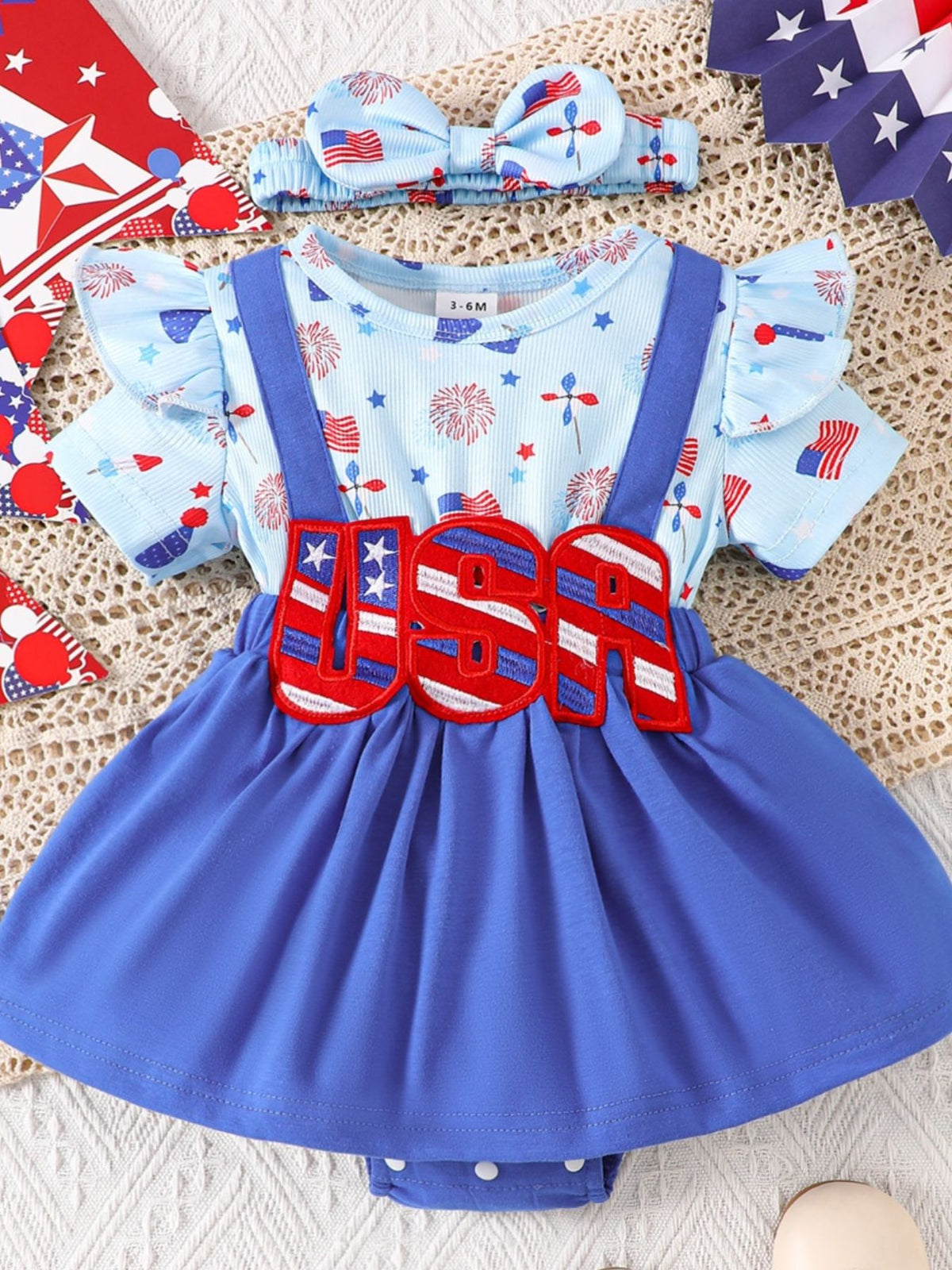 Baby patriotic ruffle sleeve one-piece dress with USA applique and headband, sky blue cotton