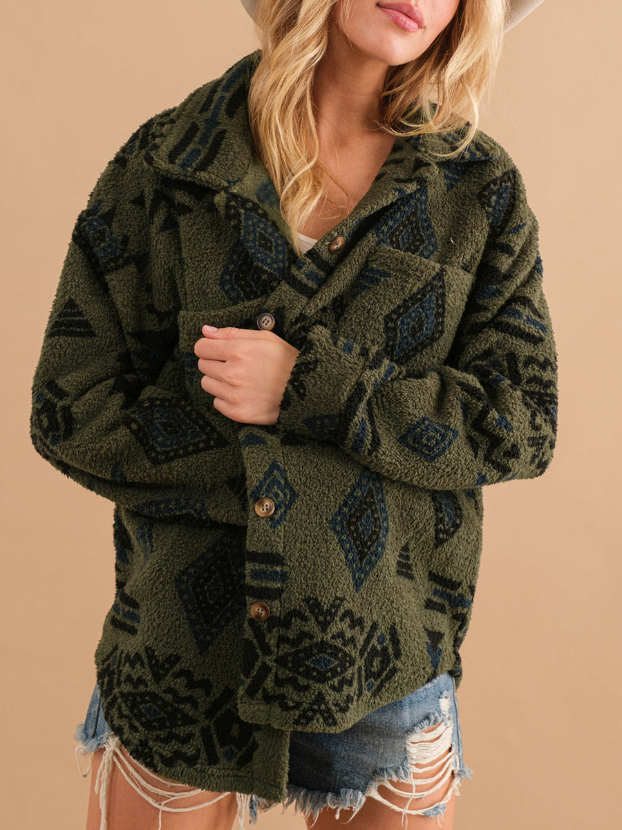 Overshirt jacket in Black Forest sherpa with bold Aztec pattern, button front and chest pocket.