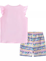 Toddler girls' pink cotton set with ruffled sleeves and geometric print shorts