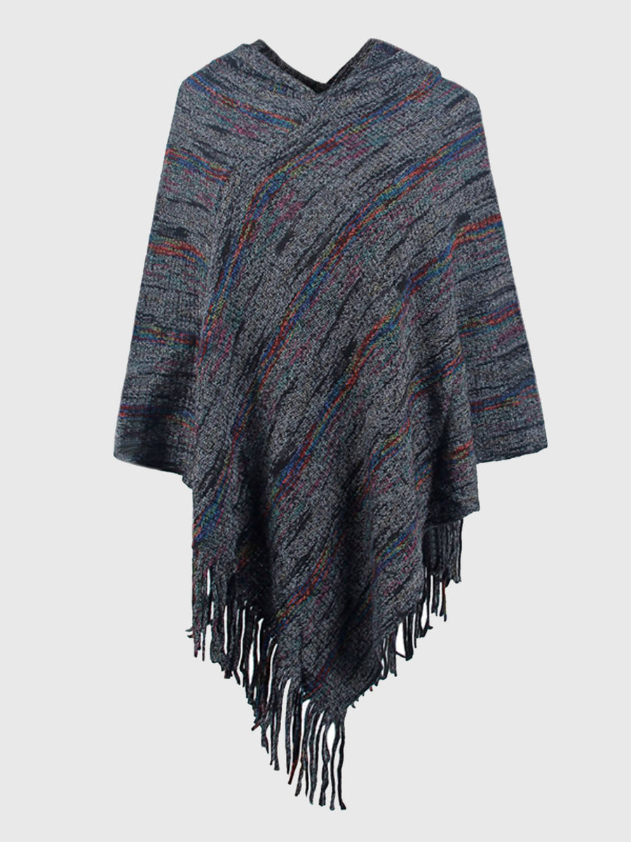 Charcoal hooded mélange cape with colorful striped pattern and fringe detail