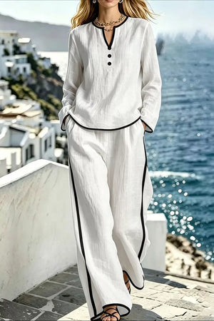 Light Blue Contrast Trim Long Sleeve Top And Pants Set