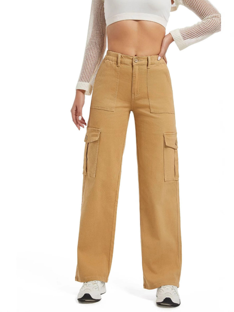 High-Waisted Cargo Jeans in Khaki with buttoned
