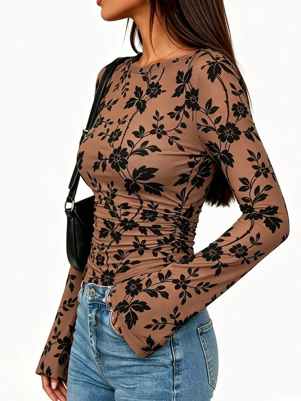 black blouse featuring stretch and floral