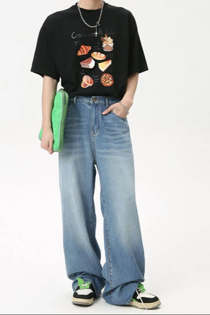 Oversized baggy denim jeans in medium wash, wide leg, casual style.