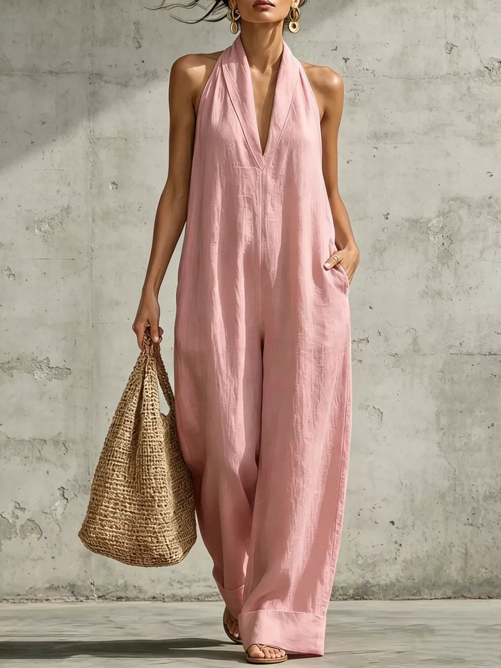 Full Size Halter Neck Wide-leg Jumpsuit Plus Size in Camel