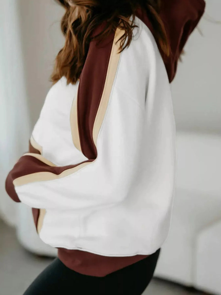 Hooded sweatshirt with dark brown and tan stripe accents on sleeves and body.