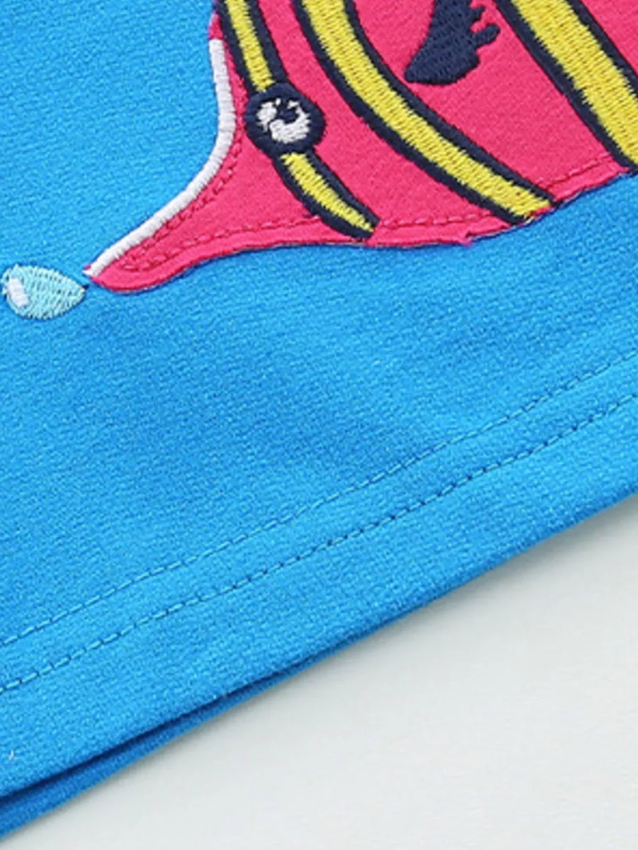 Blue cotton toddler tee with embroidered fish print detail.