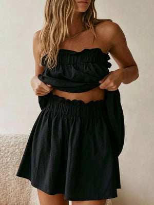 Black Full Size Strapless Top & High-waisted Skirt Set