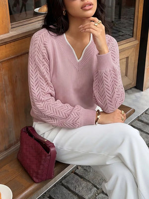 V-neck Openwork Long Sleeve Sweater option 3