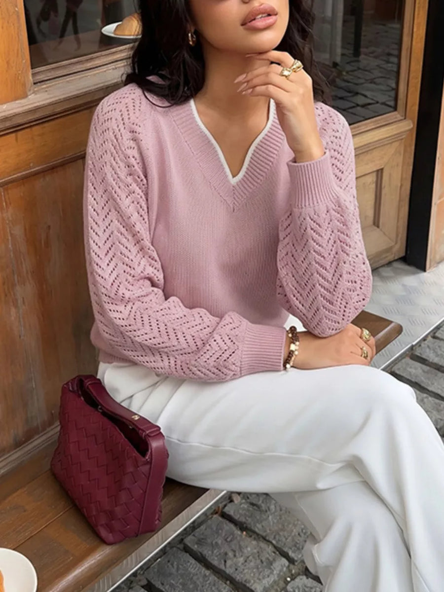 V-neck Openwork Long Sleeve Sweater option 3