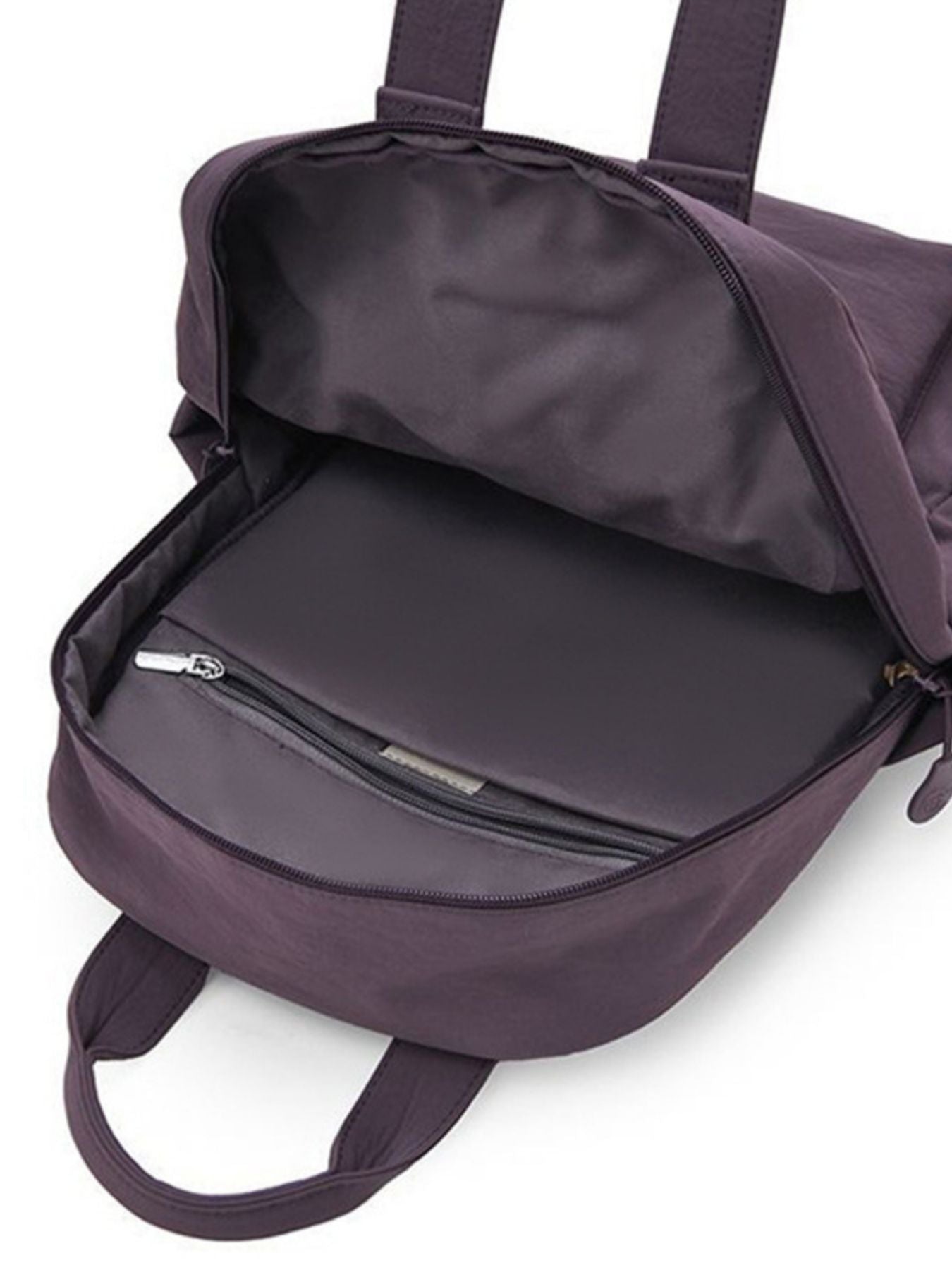 Purple mini Oxford cloth backpack interior with zippered laptop sleeve