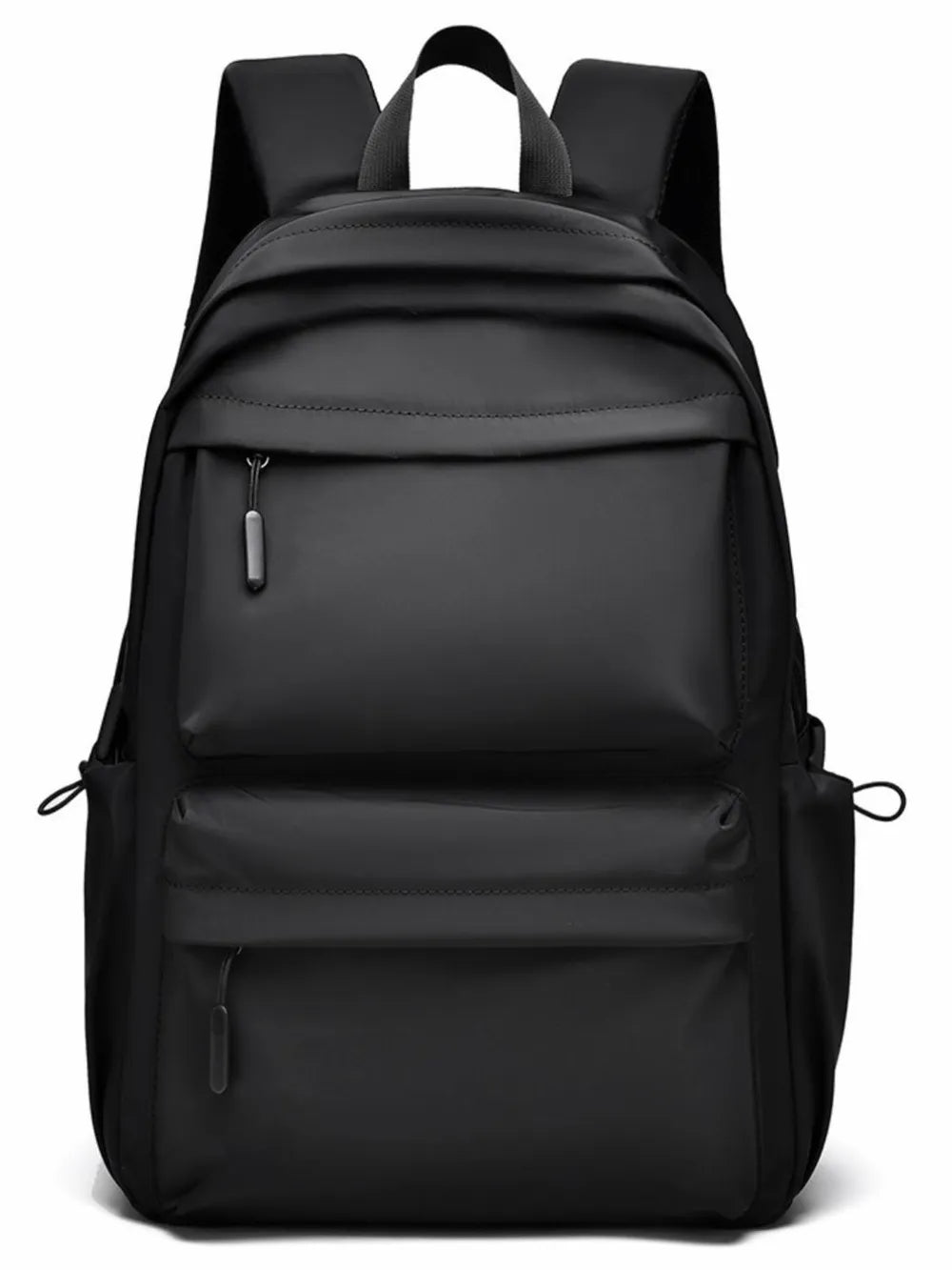 Black urban commuter backpack with multiple exterior zip pockets and adjustable straps.