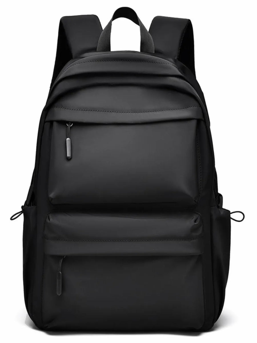 Black urban commuter backpack with multiple exterior zip pockets and adjustable straps.