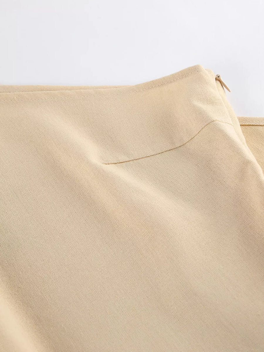 30% linen, 20% polyester, 20% rayon, 30% cotton Care instructions: Machine wash two-piece set in light beige with relaxed