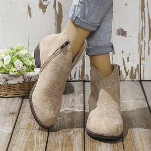 Khaki suede western ankle boots with embroidery and side zipper detail