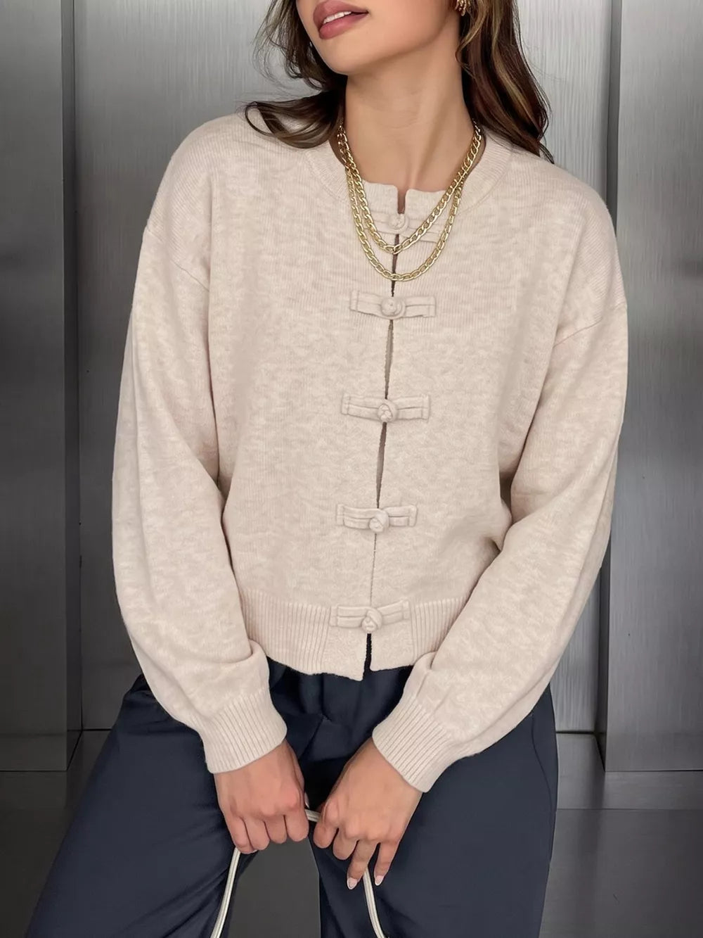 Apricot Button-down Long-sleeve Top